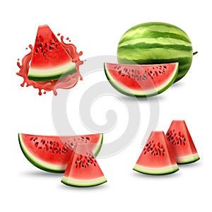 3d realistic watermelon, isolated slices and whole. Water melon tropical juice, natural fruit in splash and drops