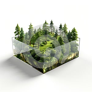 3d Realistic Wooden Landscape Scene In Glass Cube photo