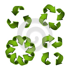 3D recycle icons. Vector green arrows, recycling symbols isolated on white background