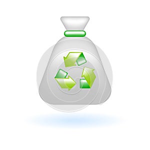 3D Recycle Trash Bag Garbage Bag Icon. Eco Sustainability Environmental Concept. Glossy Glass Plastic Color. Cute Realistic