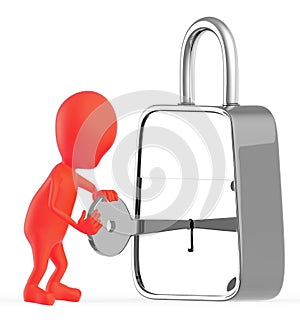 3d red character insterting a key in to a lock , unlocking , locking