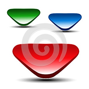 3d red, green and blue arrow on white background. Simple arrow buttons. Web link or pointer. Symbol of next, read more, play, go photo