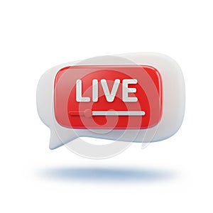 3D Red LIVE Button Inside a White Speech Bubble Icon on White Background live streaming