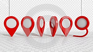 3D red location markers aligned horizontally, white-gray checkered background