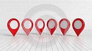 3D red location markers aligned horizontally, white-gray checkered background