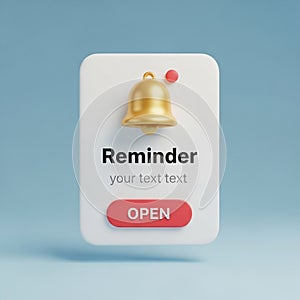 3D Reminder Notification Icon with Bell and Open Button on Blue Background