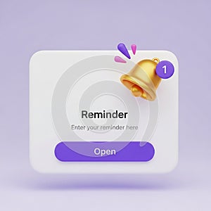 3D Reminder Notification Pop-up with Bell Icon and Open Button alert message