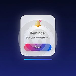 3D Reminder Notification Pop-up with Bell Icon and Open Button alert