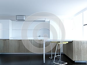 3d rendeing of new white and wood kitchen interior design