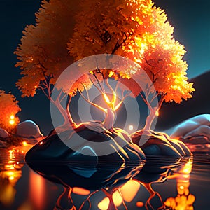 3d render of abstract autumn landscape with trees and reflection in water AI Generated