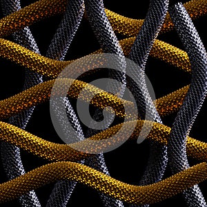 3d render, abstract background with interlaced grid, golden and black snakes, metallic scales texture.