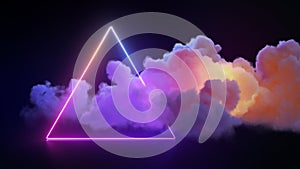 3d render, abstract background. Neon light glowing inside the cloud and neon triangular shape