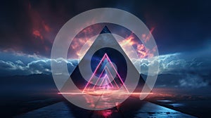 3d render, abstract background. Neon light glowing inside the cloud and neon triangular shape