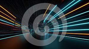 3d render, abstract background with neon light trails moving rapidly in a dark tunnel