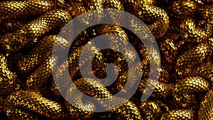 3d render, abstract background with tangled golden snakes, metallic scales texture. photo