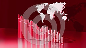3d render. Abstract beautiful columns form graph and with the world map form an information panel as analytical theme