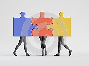 3d render. Abstract colorful puzzle pieces with mannequin legs attached together. Polyamory metaphor. Social role play. photo