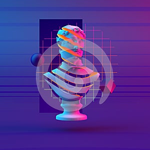 3d-illustration abstract composition of bust and primitive objects on violet background