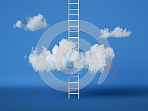 3d render, abstract concept, ladder and white clouds isolated on blue background.