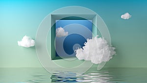 3d render, abstract fantasy surreal background with square window in the blue wall and white clouds flying above the water.