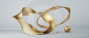 3d render, abstract fashion background with twisted mobius ribbons, connected links, paper stripe macro, golden foil photo