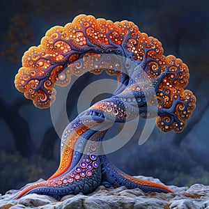 3D render of an abstract, fractal-shaped tree in blue and orange colors, AI-generated.