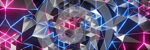 3d render, abstract futuristic geometric background, crystallized metallic structure with glowing pink blue neon light.