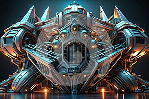 A 3D render of an abstract, futuristic structure resembling a hybrid between a machine and an organic form. photo