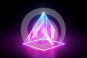 3d render, abstract geometric background. Pyramid of neon light isolated on black. Blue pink laser rays in the dark