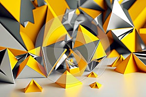 3d render abstract geometric background with yellow and silver three-dimensional triangles on surface, generative ai