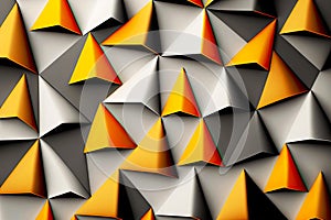 3D render abstract geometric background with yellow and silver three-dimensional triangles on surface, generative ai