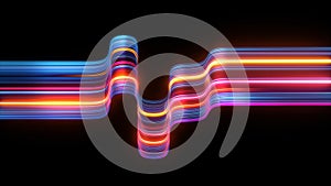 3d render, abstract geometric wallpaper of colorful wavy neon ribbon, yellow red blue glowing lines isolated on black background