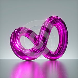 3d render, abstract geometrical shape, shiny metallic infinity loop inside white room, glossy pink chrome object isolated on light