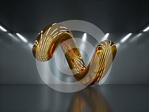 3d render, abstract geometrical shape, shiny metallic spiral, glossy yellow chrome object inside dark room with white ceiling