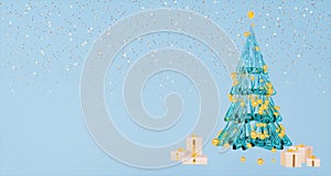 3d render of abstract green Christmas tree with gold balls and confetti on blue background.