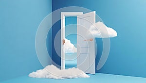 3d render, abstract minimal background with white clouds flying out the tunnel or studio light, Generated AI