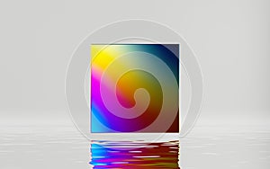 3d render, abstract minimal geometric background. Colorful iridescent square shape, water ripples and reflection