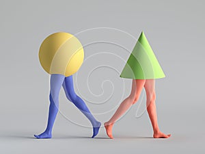 D render, abstract minimal surreal concept, funny contemporary art. Colorful geometric shapes ball and cone with human model legs