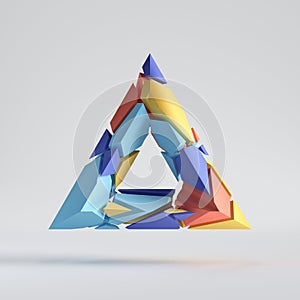 3d render, abstract random mosaic pieces, broken colorful polygonal triangle, cracked surface with hole. Blue red yellow elements