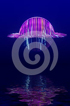 3d render. abstract UFO landscape or super-technological balloon object hanging over the water sea protects the environment