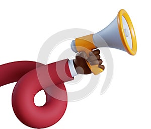 3d render. African cartoon character flexible hand holds megaphone. Online social media clip art isolated on white background.