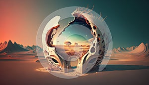 3D render of an alien planet in the desert at sunset.