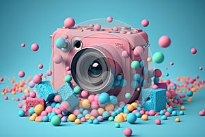 3d render of Analog camera pink color, 3d illustration isolated on pastel colors. Generative AI