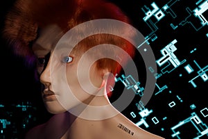 3d render of androgenous person with bar code in scifi environment