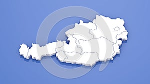 3D Render of Austria Map with State Borders on Blue Background.