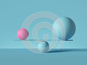 3d render, balancing balls placed on scales or weigher, isolated on blue background. Primitive geometric shapes. Balance metaphor photo