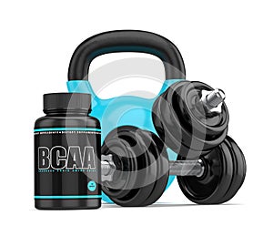3d render of BCAA bottle with dumbbells and kettlebell