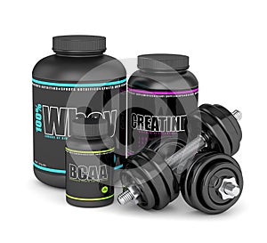 3d render of BCAA, whey and creatine bottles with dumbbells photo