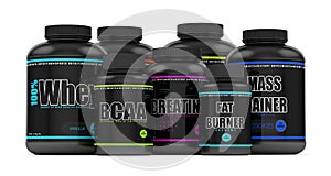 3d render of BCAA, whey, fat burner, mass gainer and creatine photo