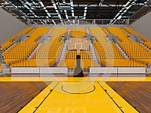 3d render of beautiful sports arena for basketball with yellow seats and VIP boxes photo